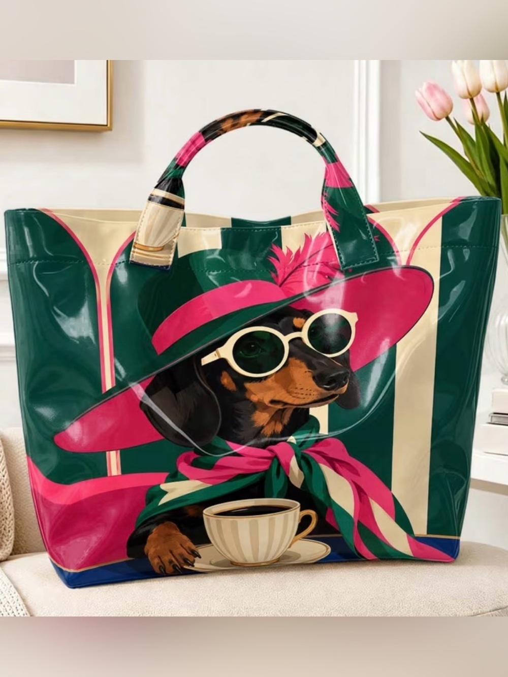 🌭🌭🌭BOGOHO🌭🌭🌭Stylish Dachshund Print Tote Bag in Pink & Green
